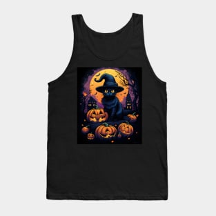 Cute Halloween Black Cat Witch Hat Pumpkin Tank Top